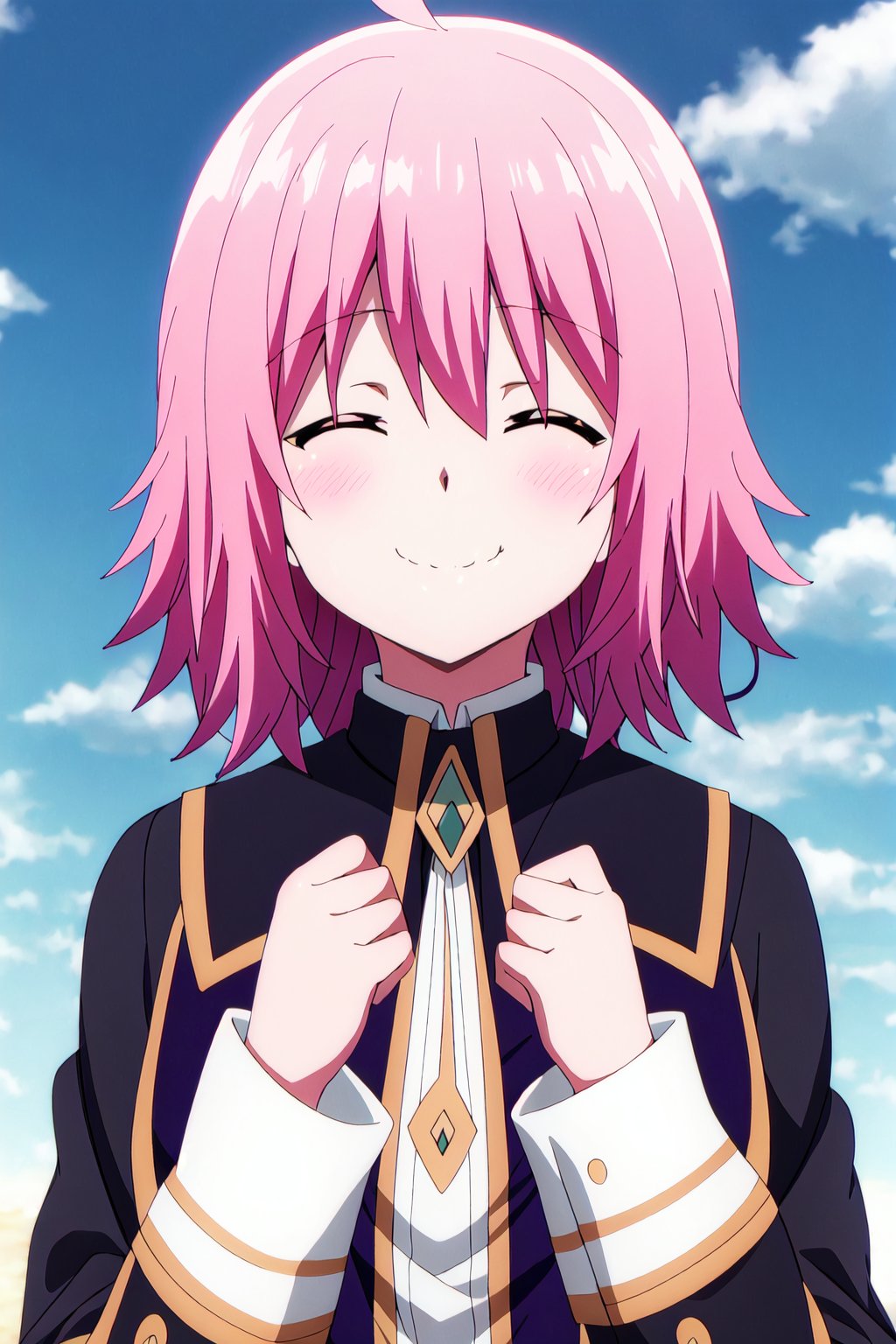 sherry,
1girl, solo, blush, smile, short hair, bangs, long sleeves, closed mouth, school uniform, closed eyes, upper body, pink hair, clenched hands



high quality,best quality,ultra detailed,masterpiece,bare shoulders


