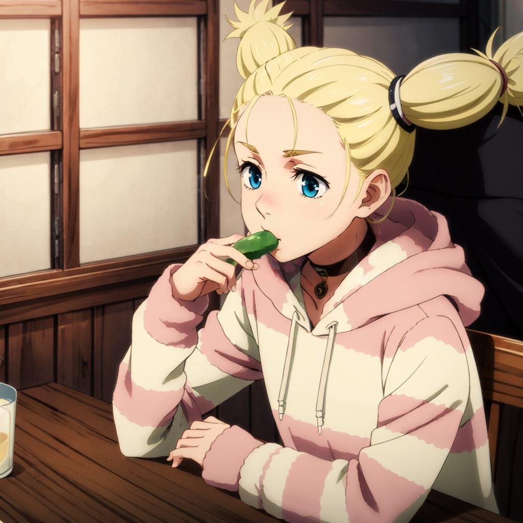 masterpiece,high quality,solo,indoors,<lora:MomoNishimiya002:0.7>,MomoNishimiya,1girl,twintails,choker,hoodie,pink stripes,eating edamame,sitting,table,chair,