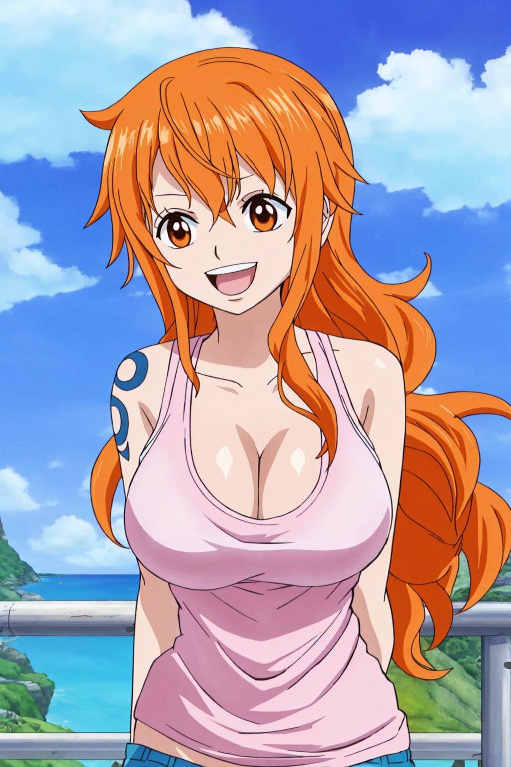 nami, 1girl, solo, long_hair, breasts, smile, open_mouth, large_breasts, shirt, cleavage, bare_shoulders, brown_eyes, :d, cowboy_shot, outdoors, sky, shorts, sleeveless, day, pants, cloud, orange_hair, blue_sky, orange_eyes, short_shorts, sleeveless_shirt, tattoo, arms_behind_back, tank_top, clothes_writing, pink_shirt, railing, shoulder_tattoo