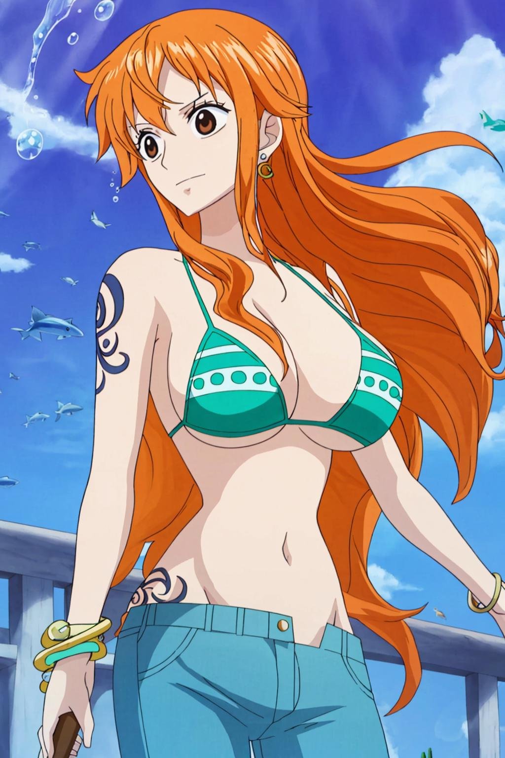 nami, 1girl, solo, long_hair, breasts, large_breasts, navel, holding, cleavage, brown_eyes, jewelry, closed_mouth, swimsuit, bikini, earrings, outdoors, midriff, pants, stomach, orange_hair, bracelet, looking_to_the_side, tattoo, ocean, denim, bikini_top_only, fish, jeans, underwater, railing, blue_pants, bangle, arm_tattoo, watercraft, green_bikini, shoulder_tattoo, ship