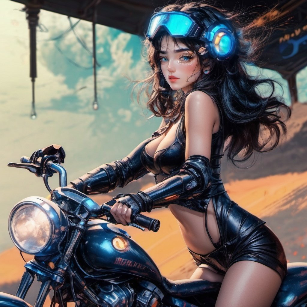 morisv,1girl,goggles on head, goggles, solo,  blue eyes, black hair, eyewear on head, navel, looking at viewer,Riding a motorcycle,cyberpunk