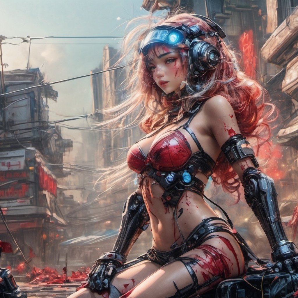 morisv,1girl,Riding a motorcycle,cyberpunk,Mechanical body,robot,incredibly absurdres, wide_shot, tang style outfits, (dynamic angle:1.4), 1girl, full_body, different body, different hair color, fighting, weapons, , , , Space opera, Space port, robot arm, elbow gloves, night, glisten, stare, cyberpunk, ((((future_city)))), science fiction, Mechanical armor headdress, (bare shoulders), airship, ((destroyed)), explosion, buildings in disarray, The residual eaves DuanBi, cumulus, mouldy, floating, wind, Dead end machine, (broken robot), (Mechanical robot girl), in the rubble of a devastated city, Armed Robots, fire shot, Sword Body Glows, Blood Mist, background Urban rooftop, despair, Blood Cherry Blossom, torn clothes, crying with eyes open, solo, Blood Rain, bandages, Gunpowder smoke, beautiful deatailed shadow, Splashing blood, dust, tyndall effect, 