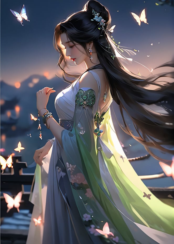 masterpiece, best quality1girl, black hair, blurry, bracelet, bug, butterfly, chinese clothes, dress, earrings, flower, from side, glowing butterfly, hair bun, hair ornament, holding, jewelry, long hair, looking down, night, single hair bun, sky, solo, upper body, white dress