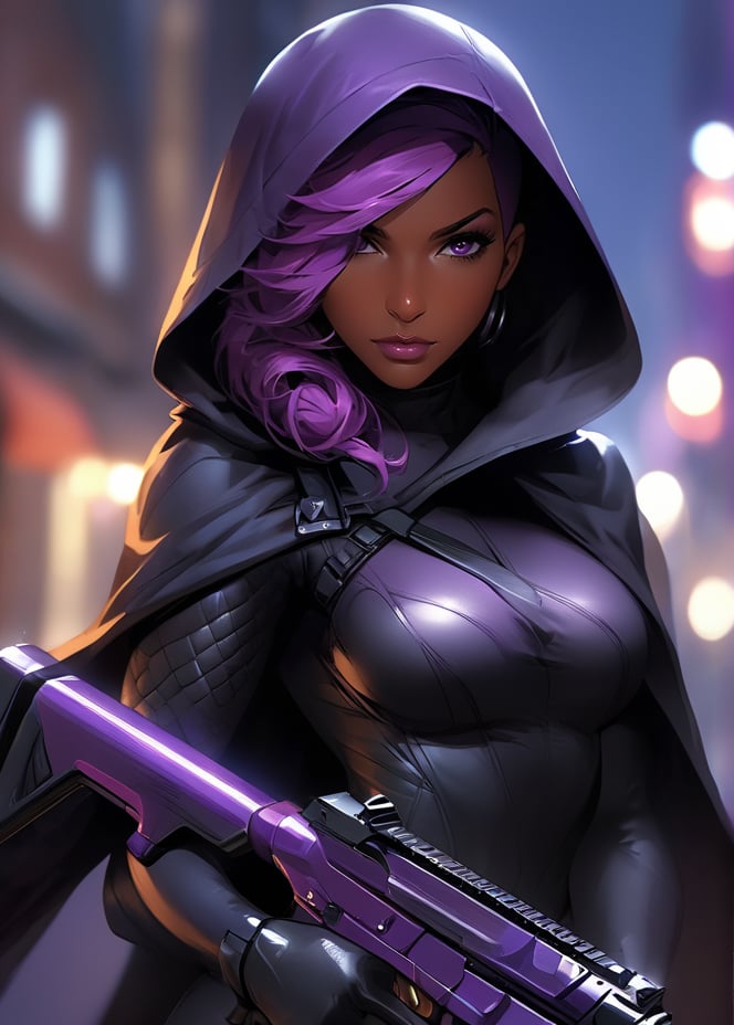 masterpiece, best quality1girl, asymmetrical hair, blurry, bodysuit, breasts, cape, dark-skinned female, dark skin, gun, holding, holding gun, holding weapon, hood, lips, looking at viewer, makeup, medium breasts, mole, mole under eye, night, nose, outdoors, purple eyes, purple hair, rifle, solo, undercut, weapon