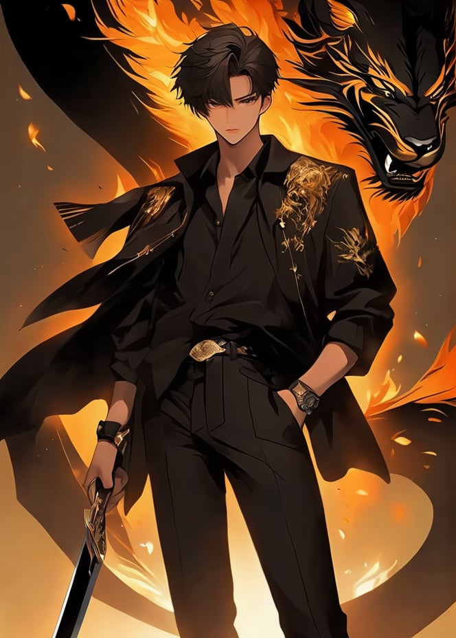 masterpiece, best qualityillustration, 1boy, weapon, sword, male focus, pants, black pants, shirt, short hair, standing, animal, long sleeves, closed mouth, jewelry, jacket, cowboy shot, earrings, bangs, solo, black jacket