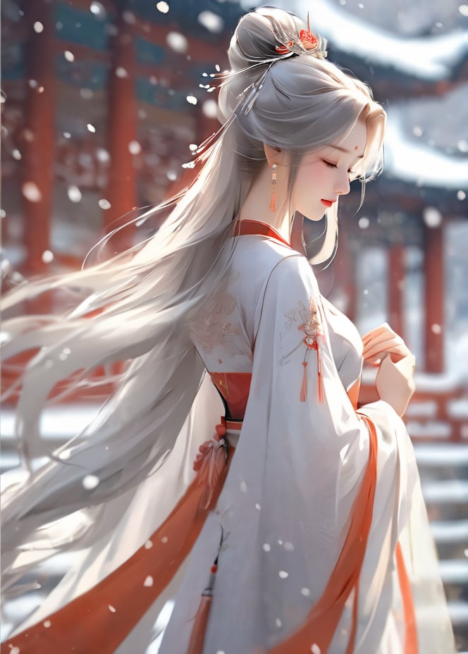 masterpiece, best quality1girl, architecture, blurry, blurry background, chinese clothes, closed eyes, closed mouth, day, depth of field, dress, earrings, east asian architecture, hair bun, hair ornament, hair pulled back, hanfu, holding, jewelry, long hair, long sleeves, outdoors, own hands together, ponytail, single hair bun, snow, snowing, solo, standing, very long hair, white dress, white hair, wide sleeves