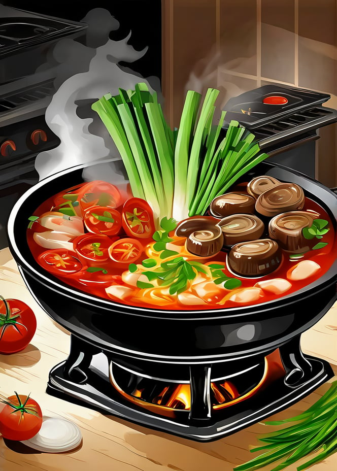 masterpiece, best qualitybowl, fire, food, food focus, meat, mushroom, no humans, onion, simple background, soup, spring onion, steam, still life, tomato, vegetable, white background