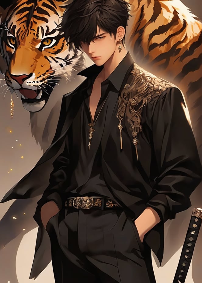 masterpiece, best qualityillustration, 1boy, weapon, sword, male focus, pants, black pants, shirt, short hair, standing, animal, long sleeves, closed mouth, jewelry, jacket, cowboy shot, earrings, bangs, solo, black jacket