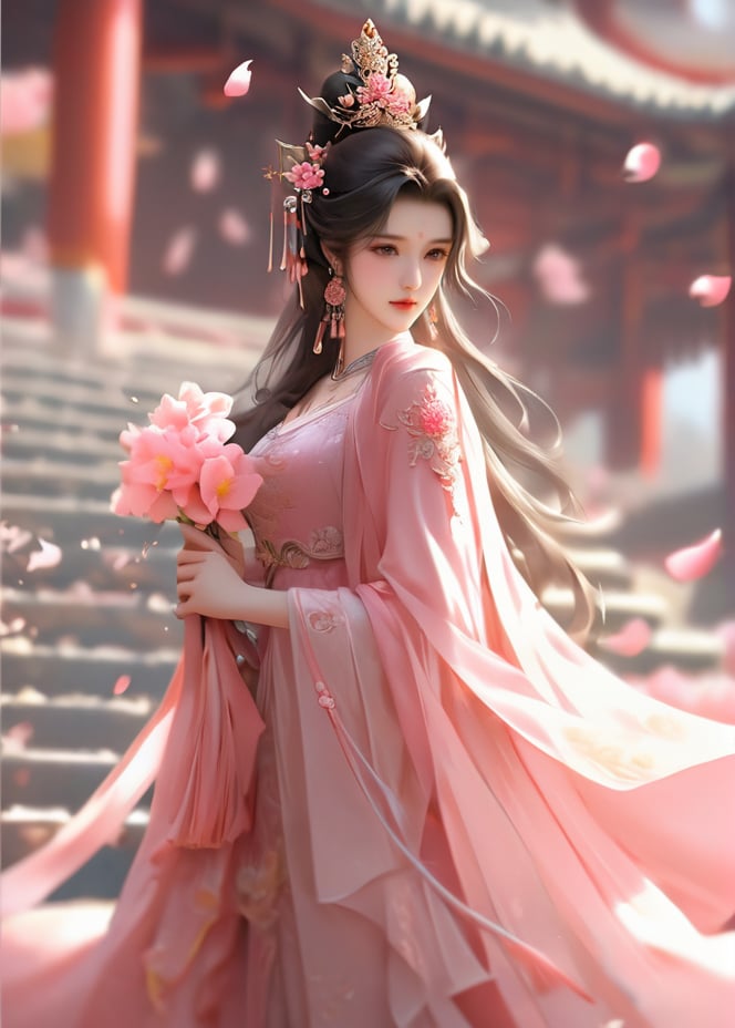 masterpiece, best quality1girl, black hair, blurry, blurry background, brown hair, chinese clothes, closed mouth, dress, earrings, facial mark, falling petals, flower, forehead mark, from side, hair ornament, holding, holding flower, jewelry, long hair, long sleeves, looking at viewer, petals, pink dress, solo, stairs, upper body