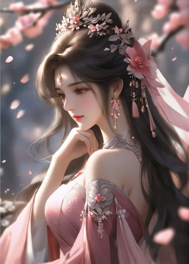 masterpiece, best quality1girl, bare shoulders, black hair, blurry, branch, brown hair, dress, earrings, falling petals, flower, hair ornament, jewelry, long hair, pink dress, solo, upper body