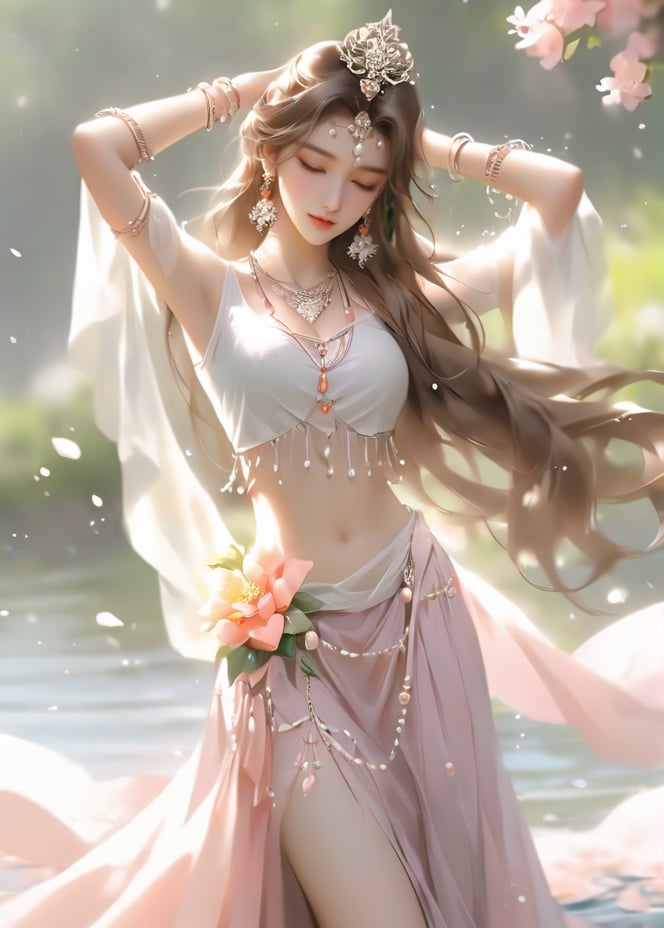 masterpiece, best quality1girl, arm up, armlet, beads, blurry, blurry background, bracelet, breasts, brown hair, closed eyes, closed mouth, crop top, earrings, flower, gem, hair flower, hair ornament, jewelry, long hair, long skirt, midriff, navel, necklace, outdoors, petals, skirt, solo, splashing, standing, water