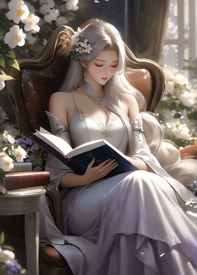 masterpiece, best quality1girl, bare shoulders, book, breasts, chair, closed eyes, closed mouth, detached sleeves, dress, flower, hair flower, hair ornament, holding, holding book, jewelry, long dress, long hair, open book, petals, reading, sitting, solo, white dress, white flower, white hair