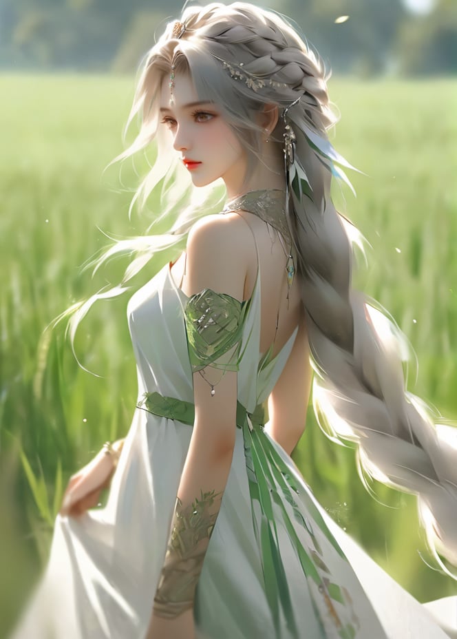 masterpiece, best quality1girl, armlet, bare shoulders, blurry, blurry background, braid, depth of field, dress, from side, grass, hair ornament, jewelry, lips, long hair, looking at viewer, looking to the side, outdoors, single braid, solo, upper body, white dress, white hair