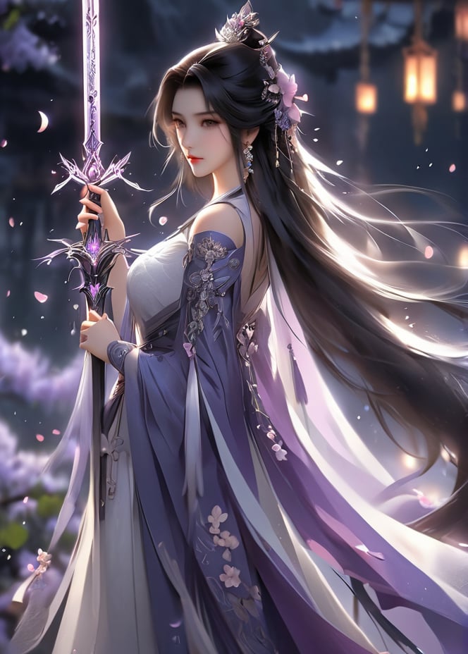 masterpiece, best quality1girl, black hair, blurry, dress, earrings, facial mark, falling petals, flower, forehead mark, from side, hair ornament, holding, holding sword, holding weapon, jewelry, lantern, long hair, looking at viewer, petals, sheath, solo, sword, upper body, very long hair, weapon, white dress