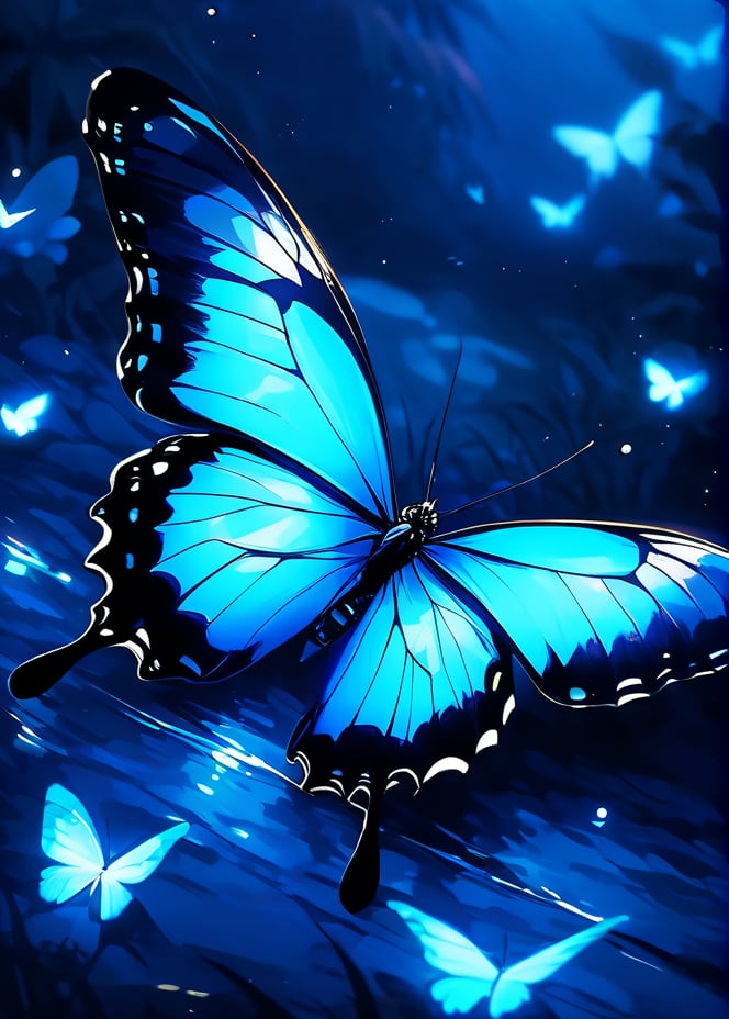 masterpiece, best qualityblue butterfly, blue theme, bug, butterfly, butterfly wings, glowing, light particles, nature, night, no humans, outdoors, reflection, ripples, scenery, solo, water, wings