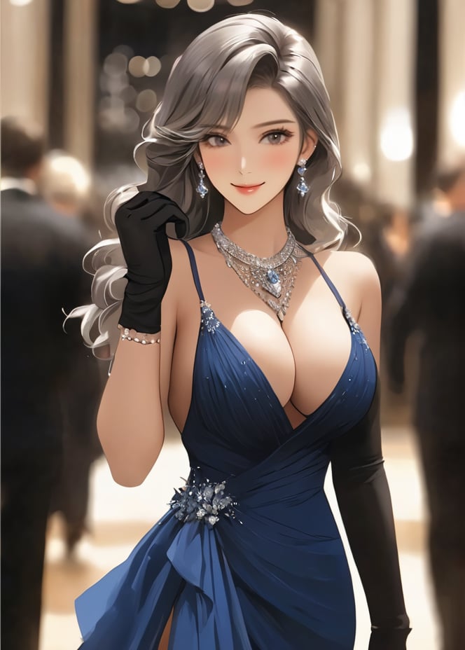 masterpiece, best qualityillustration, breasts, 1girl, dress, jewelry, long hair, earrings, gloves, necklace, grey hair, black gloves, bare shoulders, smile, large breasts, hand up, solo focus, closed mouth, blush, blurry, grey eyes, blurry background, solo, standing, cowboy shot, indoors, bangs, sleeveless