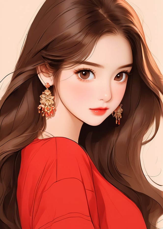masterpiece, best qualityillustration, 1girl, solo, jewelry, long hair, brown eyes, earrings, looking at viewer, brown hair, upper body, simple background, lips, shirt, blush, eyelashes, closed mouth