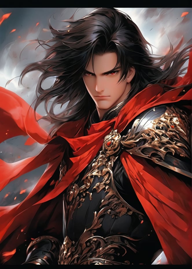 masterpiece, best quality1boy, armor, black border, black hair, border, cape, closed mouth, gauntlets, long hair, looking at viewer, male focus, pauldrons, red cape, red eyes, serious, shoulder armor, solo, upper body, wind