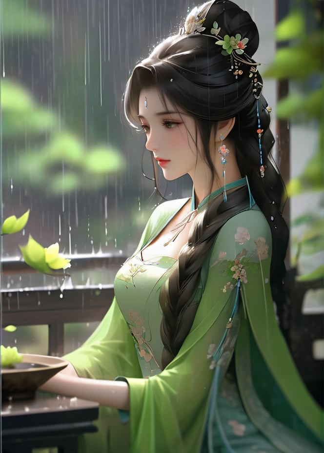 masterpiece, best quality1girl, black hair, blurry, blurry background, braid, chinese clothes, dress, earrings, falling petals, flower, forehead mark, green dress, hair bun, hair ornament, indoors, jewelry, leaf, long hair, long sleeves, petals, rain, sitting, solo, table, upper body, window, windowsill