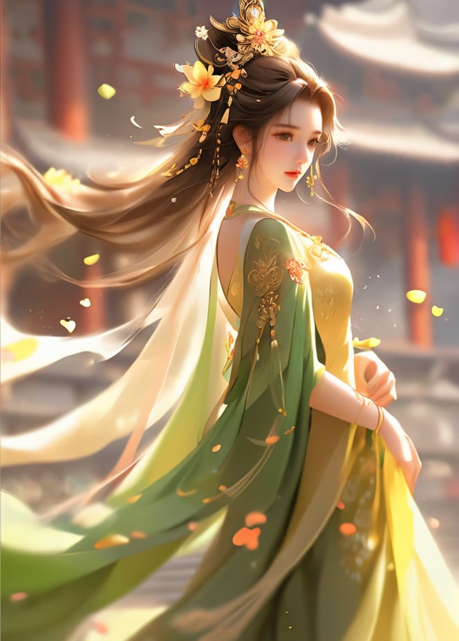 masterpiece, best quality1girl, architecture, blurry, blurry background, brown hair, chinese clothes, dress, earrings, facial mark, falling petals, flower, forehead mark, from side, green dress, hair ornament, hand on own chest, jewelry, long hair, looking at viewer, petals, solo, upper body