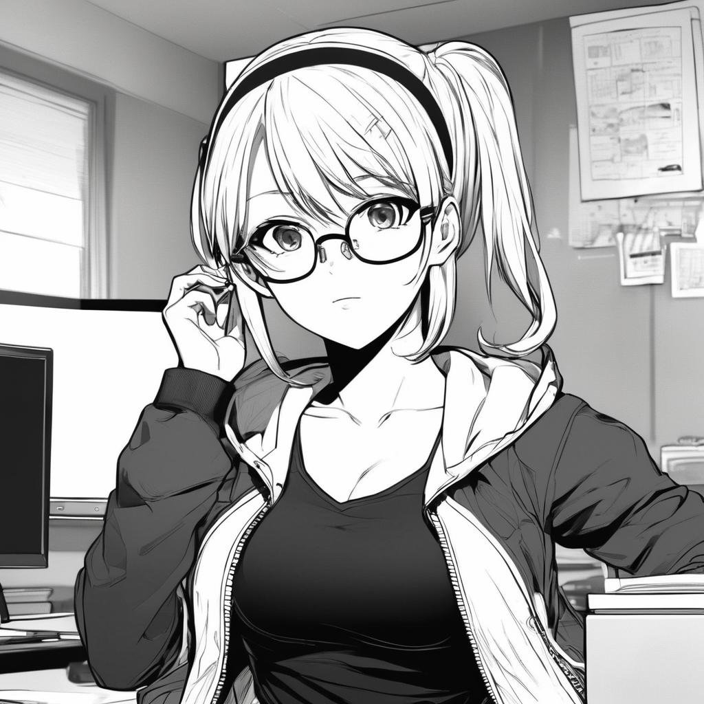 best quality, anime, wearing a jacket, big breast, glasses, focus on face, room, manga, (lineart), (monochrome), black and white, (colorless),Lineart, LineAniAF,<lora:LineAniRedmondV2-Lineart-LineAniAF:1>