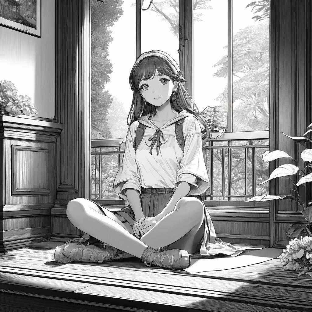 (masterpiece:1.3), (intricate:1), best quality, official art, 8k wallpaper, highly detailed, illustration, lineart, monochrome, cinematic light, monastarpact, 1 girl, (full body view:1.2), sitting down,,Lineart, LineAniAF,<lora:LineAniRedmondV2-Lineart-LineAniAF:1>