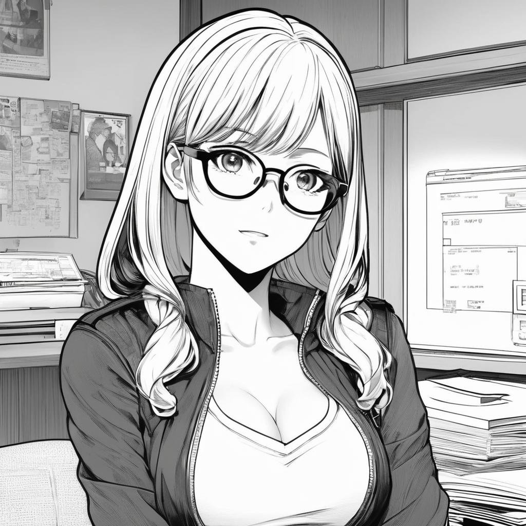 best quality, anime, wearing a jacket, big breast, glasses, focus on face, room, manga, (lineart), (monochrome), black and white, (colorless),Lineart, LineAniAF,<lora:LineAniRedmondV2-Lineart-LineAniAF:1>