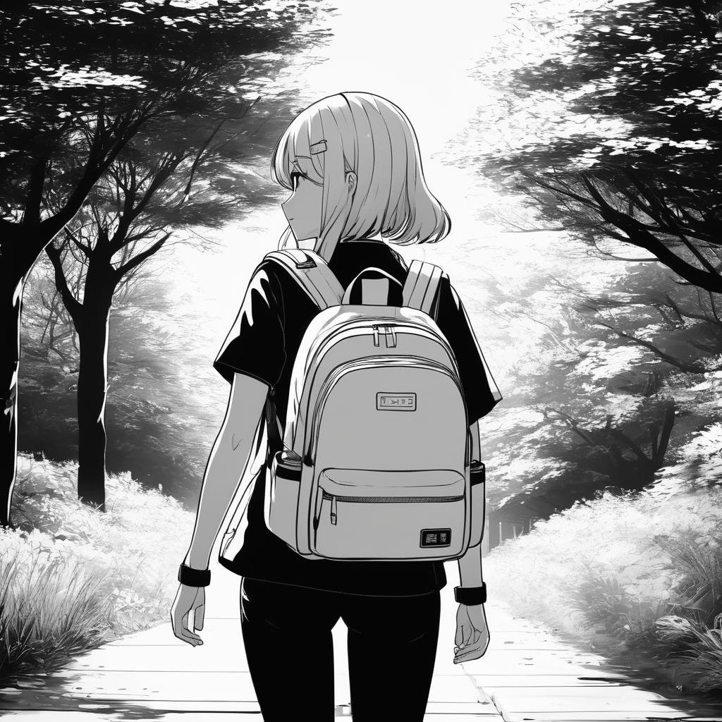 best quality, anime, lady, backpack, outdoors, (lineart), manga, (monochrome), (colorless) ,Lineart, LineAniAF,<lora:LineAniRedmondV2-Lineart-LineAniAF:1>