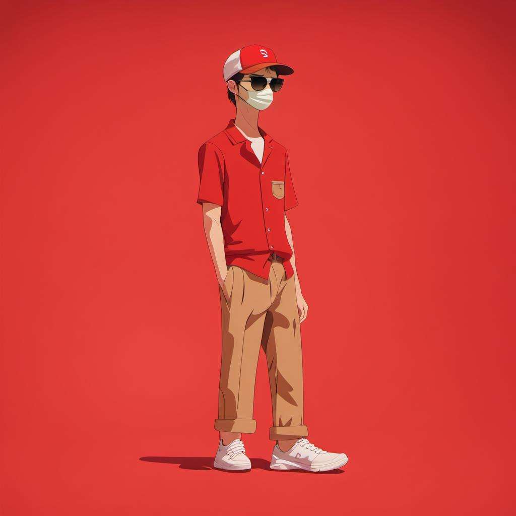 <lora:xuehua:1>,xh,1boy,solo,male focus,hat,simple background,shirt,baseball cap,white footwear,pants,shoes,mask,sunglasses,standing,full body,short sleeves,white shirt,red headwear,red background,brown pants,