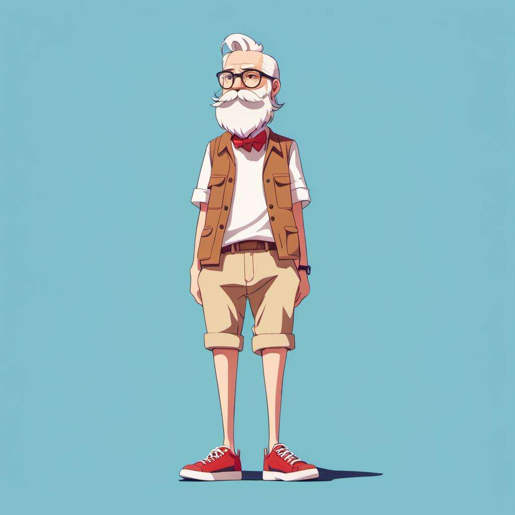 <lora:xuehua:1>,xh,1boy,male focus,solo,facial hair,shorts,shirt,shoes,white hair,red footwear,standing,full body,simple background,blue background,white shirt,mustache,beard,arms at sides,glasses,wristband,personification,brown shorts,sneakers,