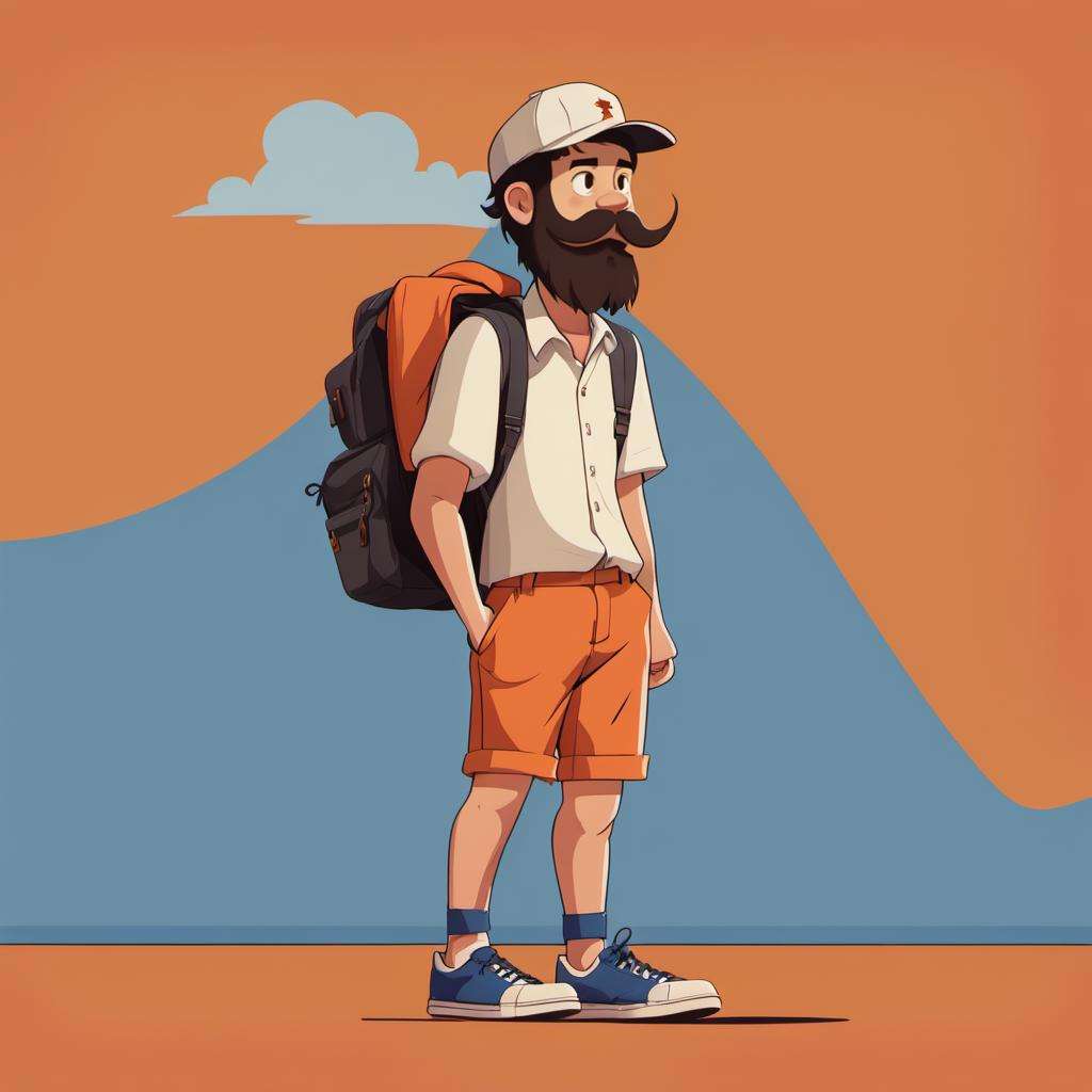 <lora:xuehua:1>,xh,1boy,shorts,male focus,solo,shirt,facial hair,hat,white shirt,collared shirt,bag,white footwear,blue shorts,simple background,backpack,shoes,short sleeves,mustache,full body,black hair,standing,shadow,orange background,baseball cap,white headwear,beard,profile,