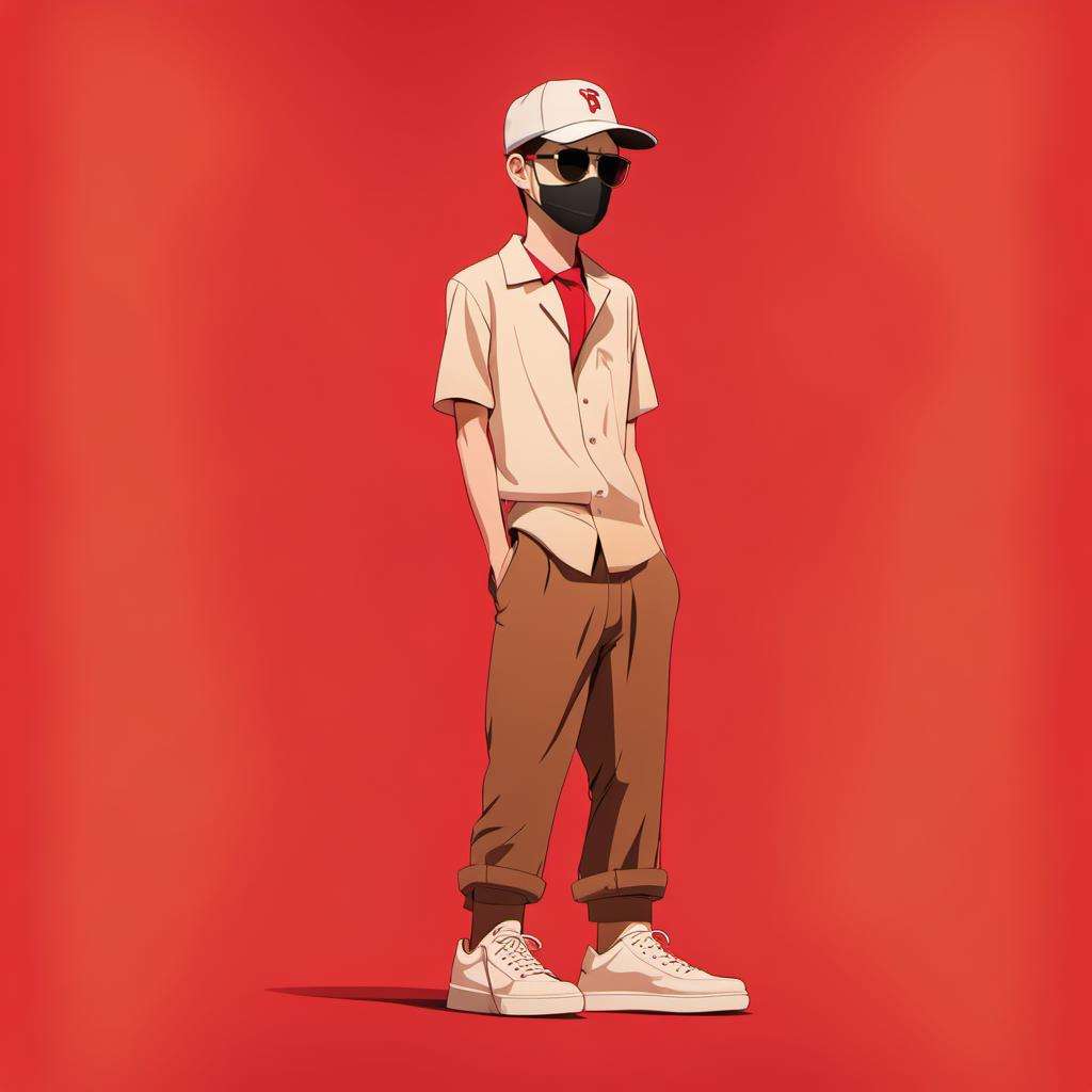 <lora:xuehua:1>,xh,1boy,solo,male focus,hat,simple background,shirt,baseball cap,white footwear,pants,shoes,mask,sunglasses,standing,full body,short sleeves,white shirt,red headwear,red background,brown pants,