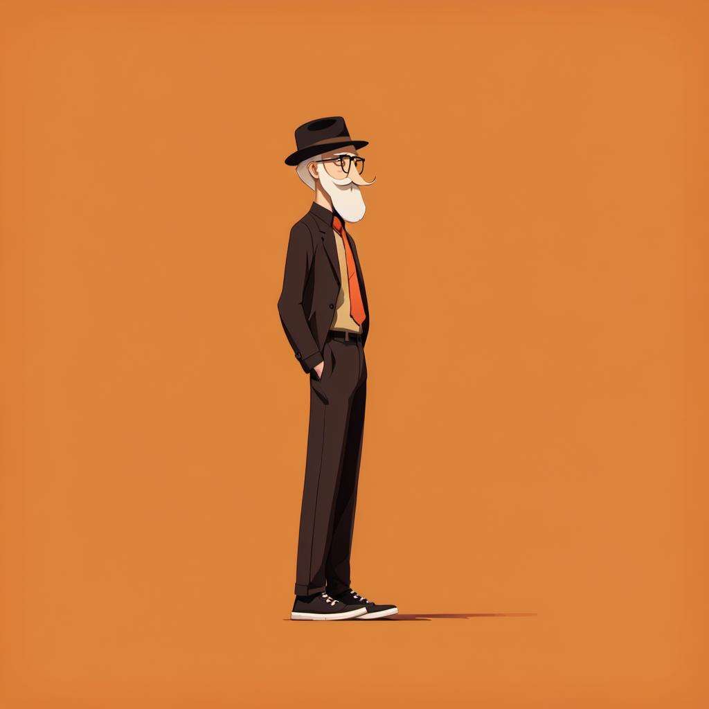 <lora:xuehua:1>,xh,1boy,male focus,solo,facial hair,old man,old,mustache,glasses,hat,necktie,black footwear,black necktie,beard,simple background,pants,black headwear,orange background,shoes,hands in pockets,from side,full body,white hair,standing,black pants,profile,black-framed eyewear,brown background,long sleeves,