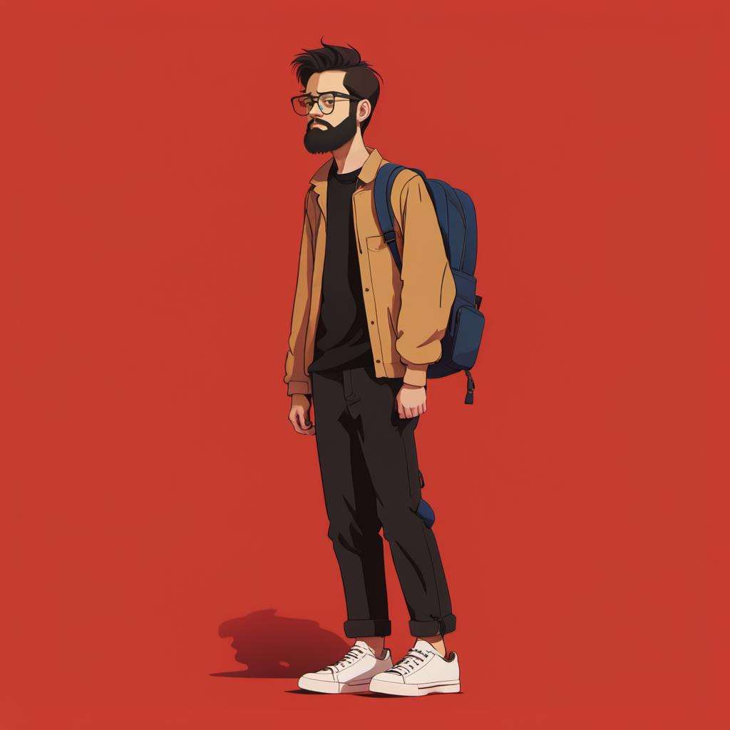 <lora:xuehua:1>,xh,1boy,backpack,male focus,solo,bag,shoes,beard,pants,facial hair,standing,jacket,simple background,glasses,full body,white footwear,shirt,red background,black hair,long sleeves,denim,black shirt,sneakers,shadow,black-framed eyewear,