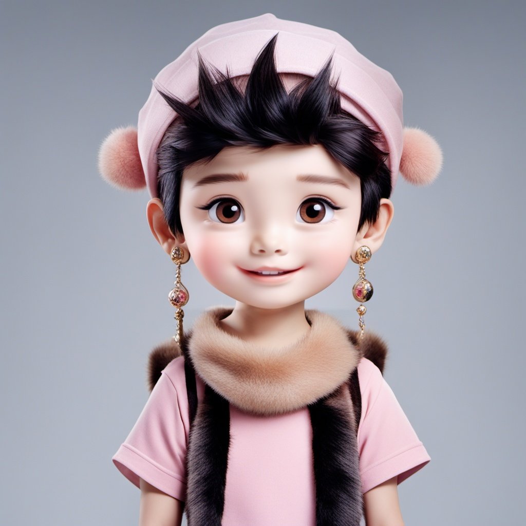 <lora:xiaoka:1>,xh,1boy,solo,male focus,male child,hat,jewelry,earrings,looking at viewer,child,smile,brown eyes,black hair,portrait,simple background,upper body,gradient background,grey background,closed mouth,gradient,brown hair,blush,