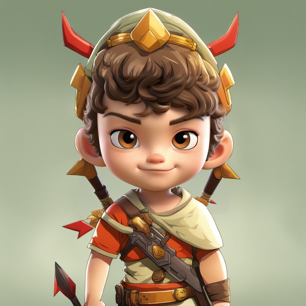 <lora:xiaoka:1>,xh,solo,1boy,male focus,brown hair,bow \(weapon\),brown eyes,holding,holding weapon,looking at viewer,hat,gradient background,male child,gradient,smile,grey background,closed mouth,chibi,child,simple background,arrow \(projectile\),standing,freckles,short sleeves,belt,