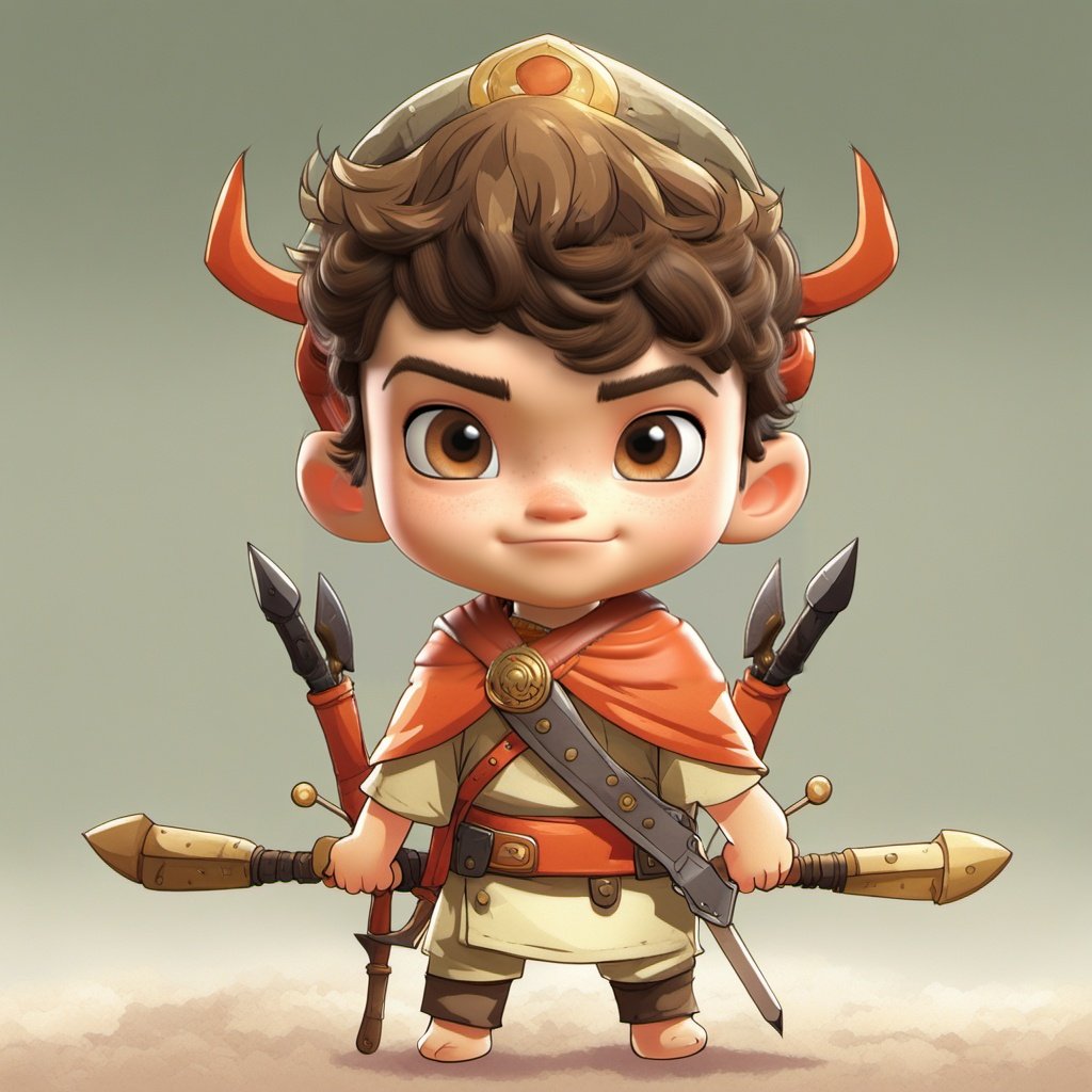 <lora:xiaoka:1>,xh,solo,1boy,male focus,brown hair,bow \(weapon\),brown eyes,holding,holding weapon,looking at viewer,hat,gradient background,male child,gradient,smile,grey background,closed mouth,chibi,child,simple background,arrow \(projectile\),standing,freckles,short sleeves,belt,