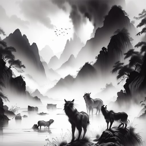 masterpiece,best quality,<lora:chinkstyle3-000006:0.7>,(animal),chinkstyle,ink painting,monochrome,greyscale,landscape painting