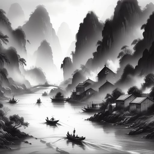 masterpiece,best quality,<lora:chinkstyle3-000006:0.7>,chinkstyle,ink painting,monochrome,greyscale,landscape painting,boat, river,village,bird