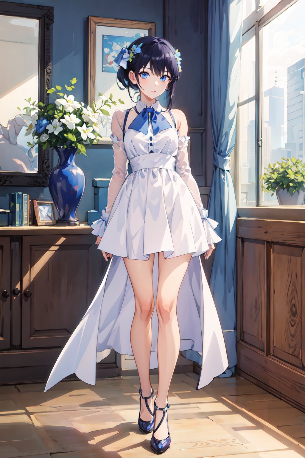 masterpiece,  best quality,  good eyes,  detailed eyes,  detailed background,  highres,  ultra detailed,  masterpiece,  best quality,  1girl,  :0,  looking at viewer,  blue eyes,  white dress,  blue hair,  bowtie,  living room,  bangs,  dress,  full body, <lora:EMS-42171-EMS:0.500000>, , <lora:EMS-56079-EMS:0.700000>