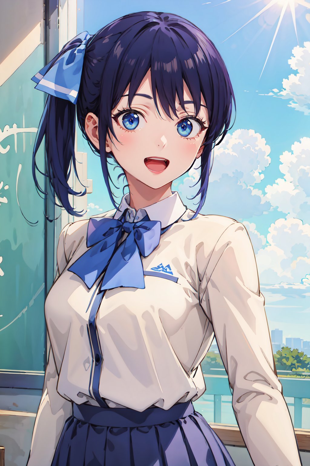 masterpiece,  best quality,  good eyes,  detailed eyes,  detailed background,  highres,  ultra detailed,  masterpiece,  best quality,  beige school uniform,  1girl,  smile,  looking at viewer,  blue bow,  blue eyes,  bow,  side ponytail,  school uniform,  blue hair,  upper body,  bowtie,  classroom,  shirt,  bangs,  open mouth,  skirt, <lora:EMS-42171-EMS:0.500000>, , <lora:EMS-56079-EMS:0.700000>