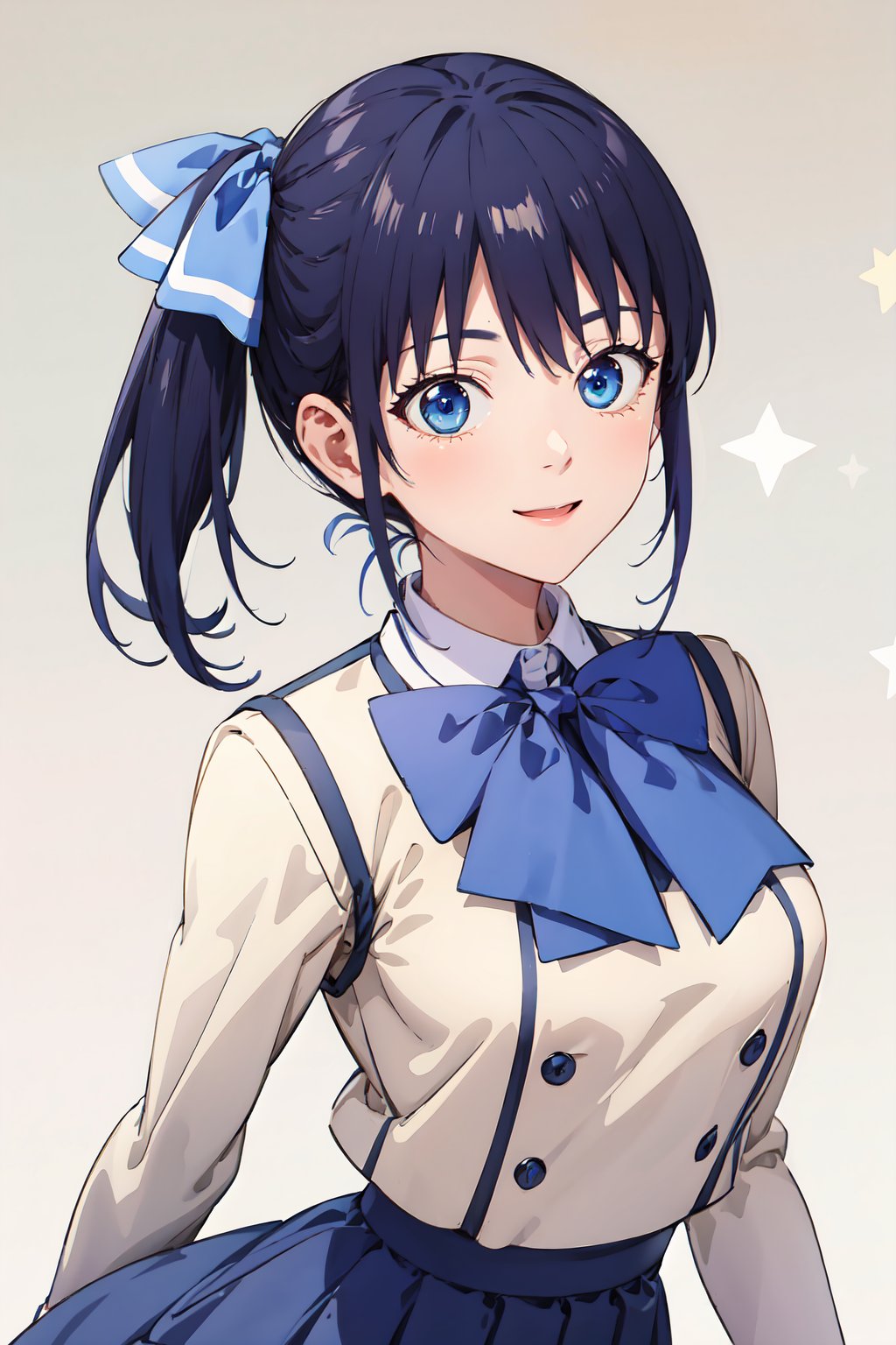 masterpiece,  best quality,  good eyes,  detailed eyes,  detailed background,  highres,  ultra detailed,  masterpiece,  best quality,  beige school uniform,  1girl,  smile,  looking at viewer,  blue bow,  blue eyes,  bow,  side ponytail,  school uniform,  blue hair,  upper body,  bowtie,  starry background,  shirt,  bangs,  closed mouth,  skirt, <lora:EMS-42171-EMS:0.500000>, , <lora:EMS-56079-EMS:0.800000>