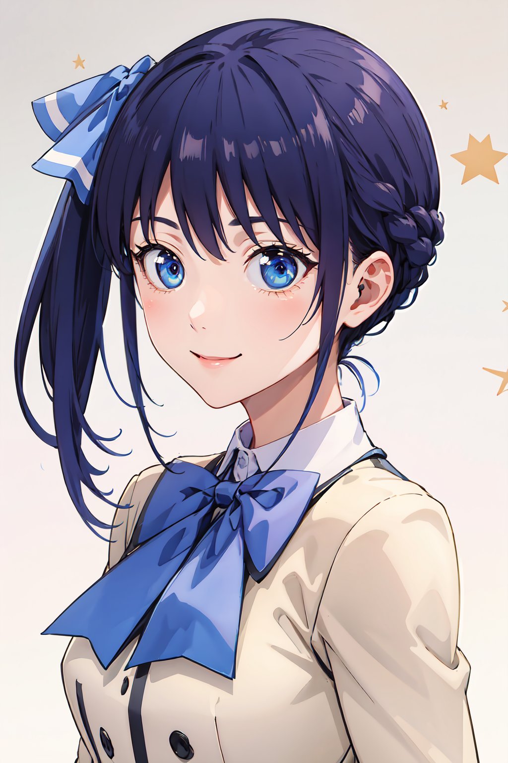 masterpiece,  best quality,  good eyes,  detailed eyes,  detailed background,  highres,  ultra detailed,  masterpiece,  best quality, beige school uniform,  1girl,  smile,  looking at viewer,  blue bow,  blue eyes,  bow,  side ponytail,  school uniform,  blue hair,  upper body,  bowtie,  starry background,  shirt,  bangs,  closed mouth, <lora:EMS-42171-EMS:0.500000>, , <lora:EMS-56079-EMS:0.800000>