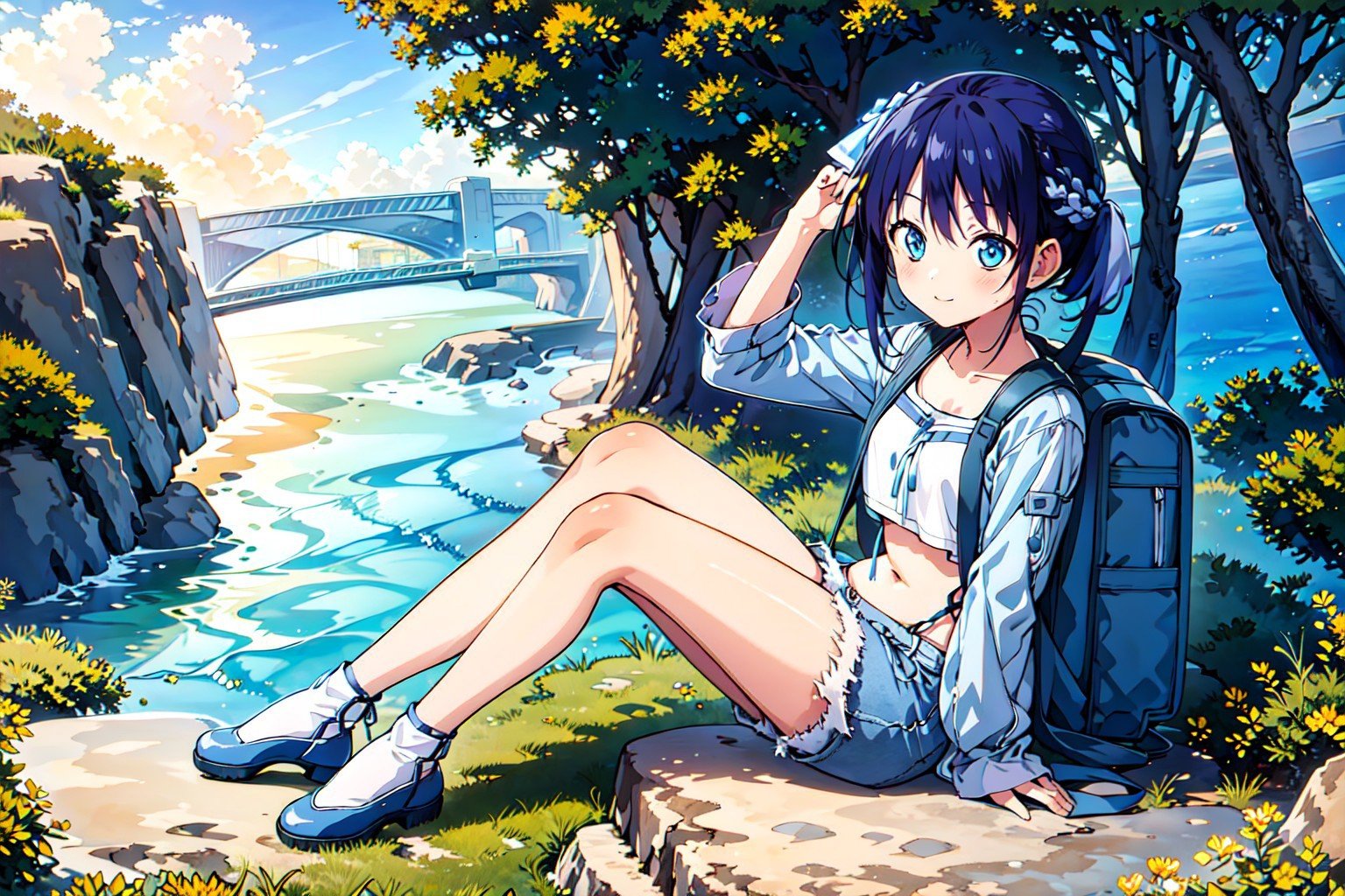 <lora:minasenagisa-10:0.85>, 1girl, blue hair, sitting, denim shorts, white shirt, backpack, river, rock, cliff, grass, tree, sunset, bridge, clouds, sky,