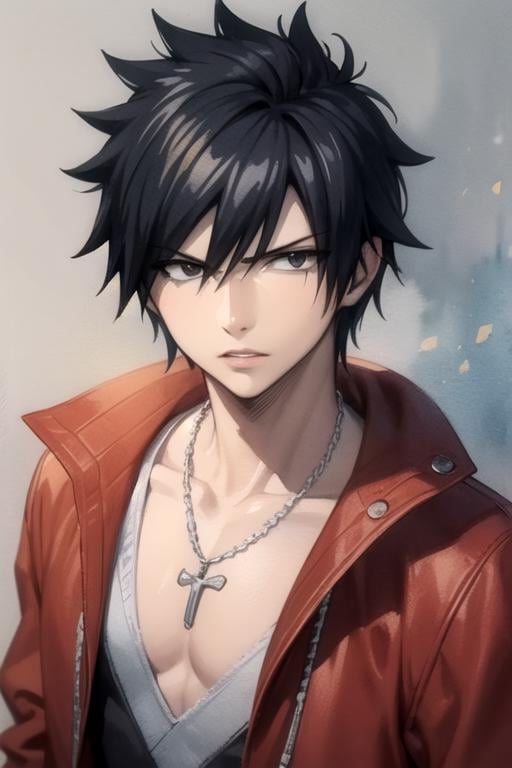 masterpiece, best quality, , 1boy, solo, male focus, looking at viewer, , , (watercolor illustration, soft pastel colors:1.1), realistic, <lora:gray_fullbuster:0.70>, gray_fullbuster, black hair, black eyes, spiked hair, , convict costume, ,