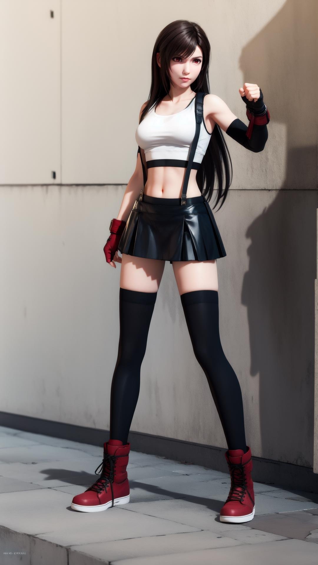 best quality,masterpiece,realistic,3D graphics,1girl,tifa lockhart,solo,thighhighs,skirt,suspenders,long hair,crop top,gloves,red footwear,suspender skirt,black thighhighs,fingerless gloves,full body,tank top,black skirt,midriff,navel,elbow gloves,boots,black hair,white tank top,clenched hands,brown eyes,fighting stance,brown hair,full body,red eyes,<lora:MIAOKA_tifa:0.8>,