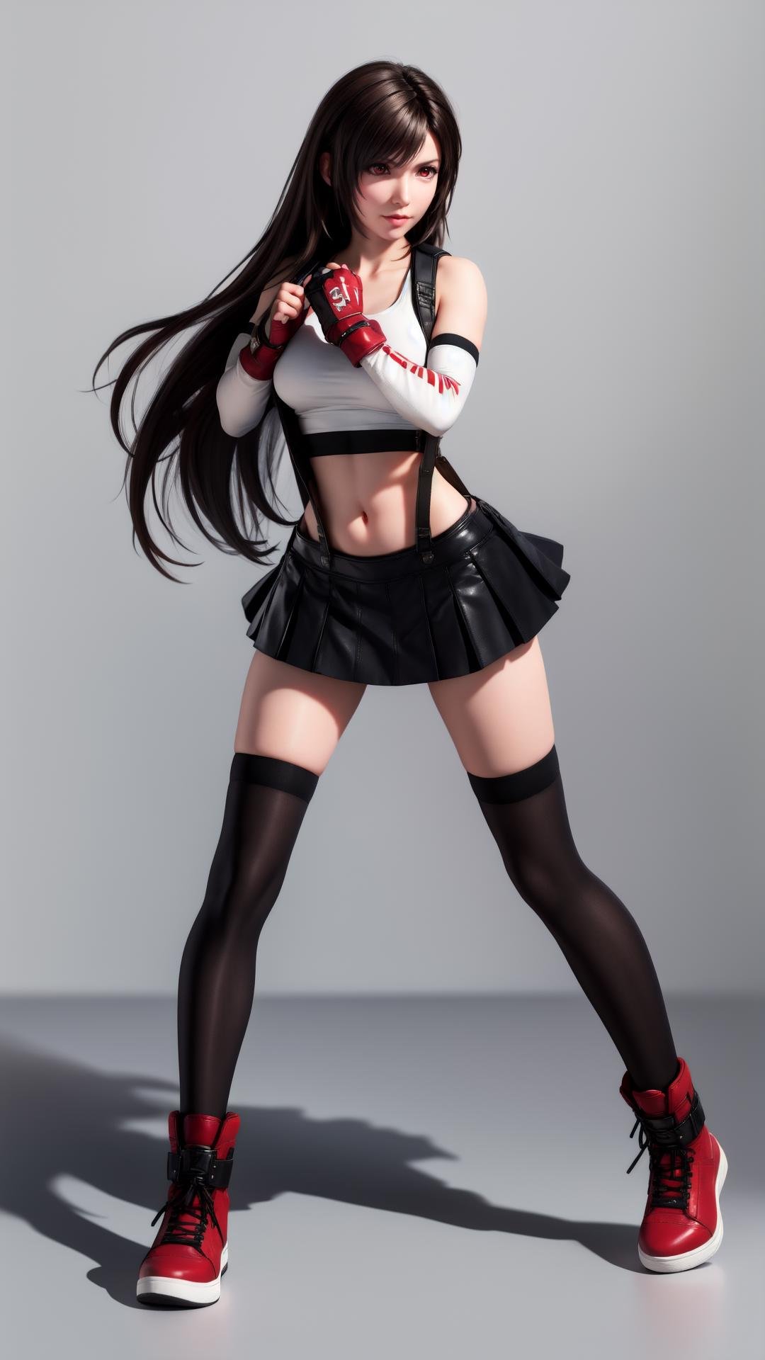 1girl, tifa lockhart, solo, thighhighs, skirt, suspenders, long hair, crop top, gloves, red footwear, suspender skirt, black thighhighs, fingerless gloves, full body, tank top, black skirt, midriff, navel, elbow gloves, boots, black hair, white tank top, clenched hands, brown eyes, fighting stance, brown hair<lora:MIAOKA_tifa:0.8>,full body,red eyes,