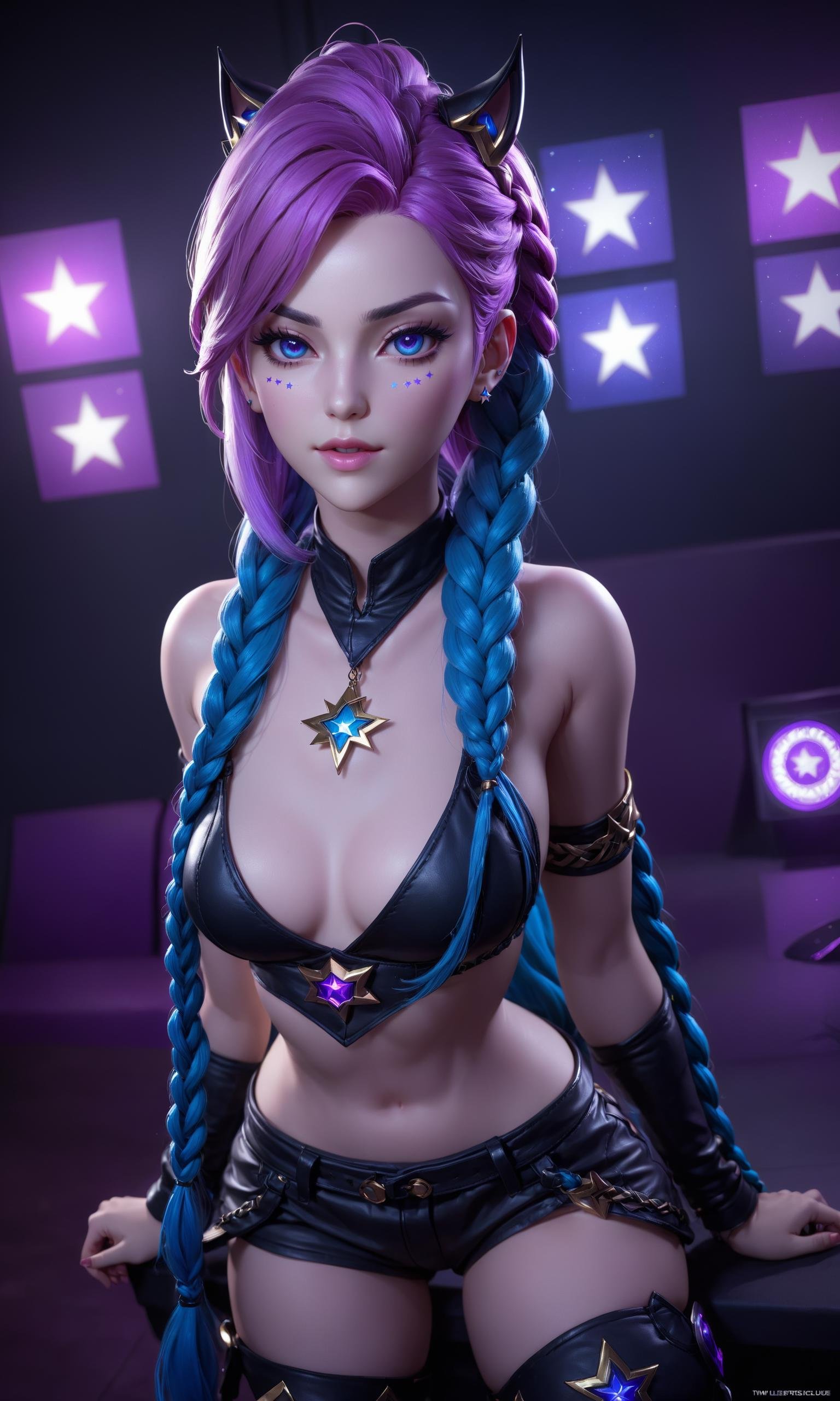 best quality,masterpiece,realistic,full body,1girl,k/da \(league of legends\),3D graphics,there is a star below the left eye,<lora:MIAOKA_KDA_XL:0.6>,<lora:MIAOKA_JINX_1.0_SDXL:0.4>,jinx (league of legends),k/da \(league of legends\),twin braids,