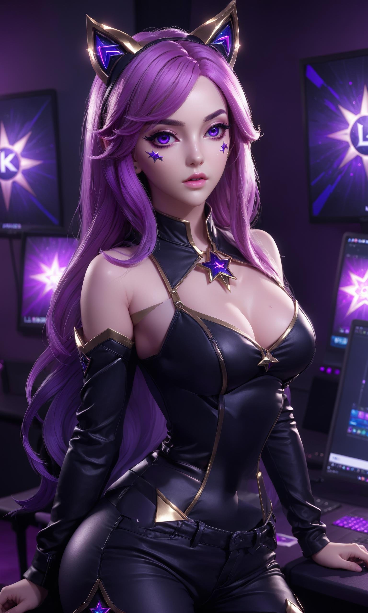 best quality,masterpiece,realistic,full body,1girl,k/da \(league of legends\),3D graphics,there is a star below the left eye,<lora:MIAOKA_KDA_XL:0.8>,crop top,