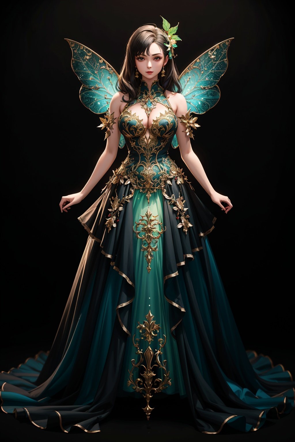 ((masterpiece)), ((best quality)), 8k, high detailed,1girl, 20-year-old,dress, black background, glowing, green dress, full body, breasts, contouring light, fairy dress